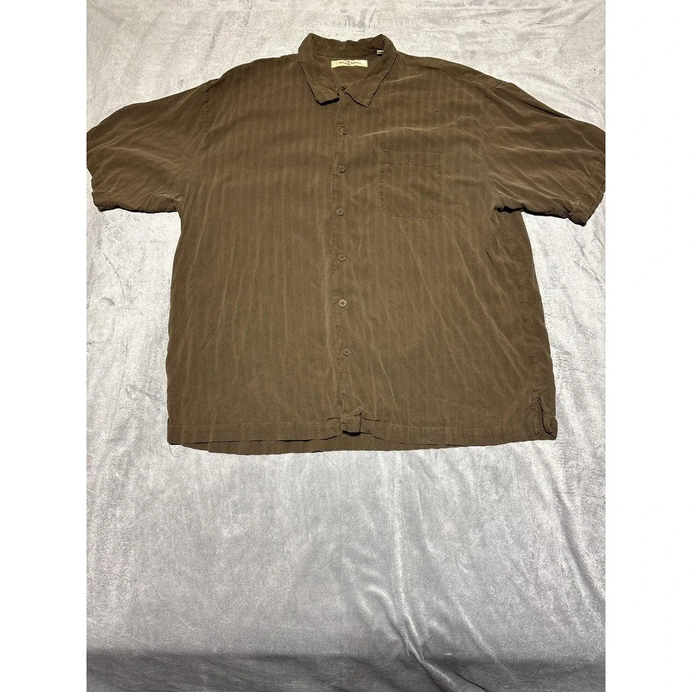 Tommy Bahama Shirt Mens XXL Brown Stripe Silk Short Sleeve Button Front Shirt - Picture 1 of 7